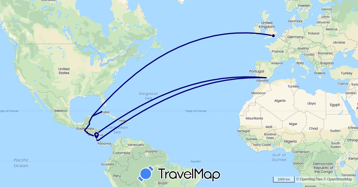 TravelMap itinerary: driving in Belize, Costa Rica, Cuba, Spain, United Kingdom, Guatemala, Mexico, Nicaragua, El Salvador (Europe, North America)
