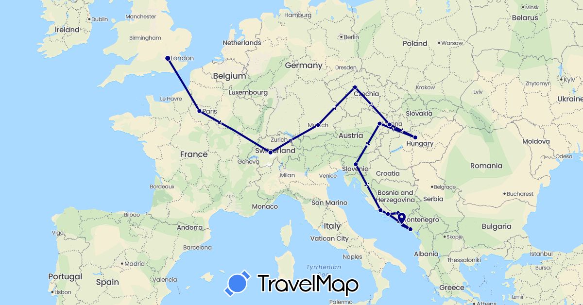 TravelMap itinerary: driving in Austria, Bosnia and Herzegovina, Switzerland, Czech Republic, Germany, France, United Kingdom, Croatia, Hungary, Montenegro, Slovenia, Slovakia (Europe)